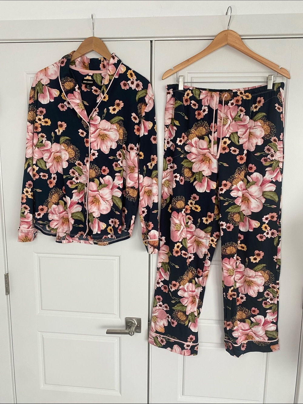 Service Floral Pajama Set Navy Pink XL Button Front Lounge
